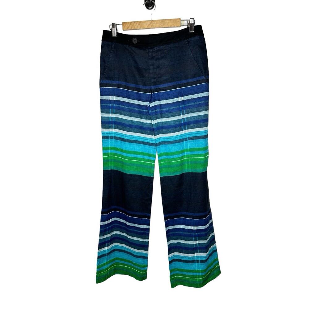 NWT Derek Lam 10 Crosby Wide Leg Pant 6 Striped 100% Linen Flare Blue/Green City